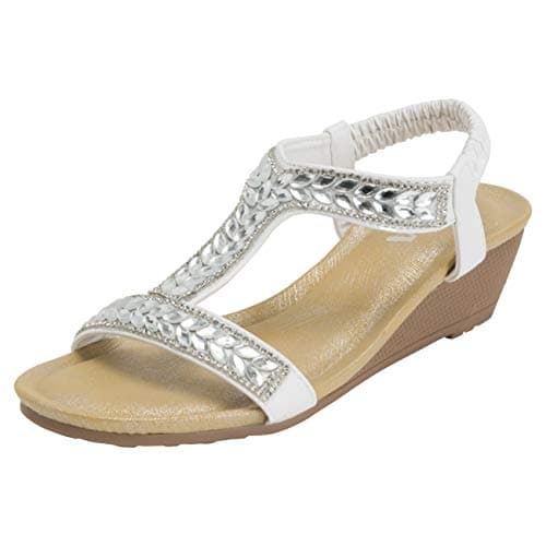Womens Pull On Platform Diamante Open Toe Wedge Heeled Sandals