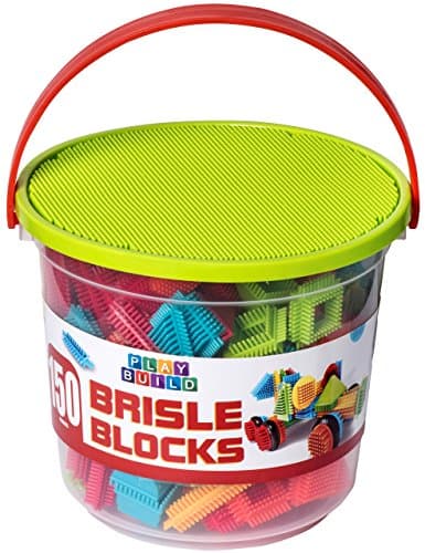 Playbuild: Bristle Blocks Building Set Educational Construction Interlocking Stacking Bristle Builder for Toddlers with Illustrated Guide Book (150-Pieces in Storage Bucket)