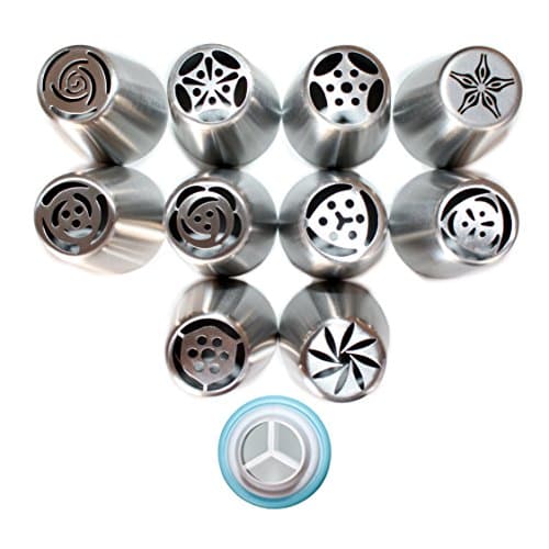 Russian Nozzle Piping Icing Tips 10 Tips + Tri Coupler. Top Quality Stainless Steel Large Tips - By Torenox