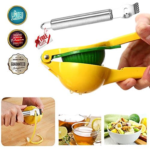Two Lemon Squeezer In One Lemon Juicer Citrus Lime Orange Fruit Mental Manual Juicer Yellow Hand Press Dishwasher Safe with Free Lemon Zester Tool (Yellow and green squeezer 7)