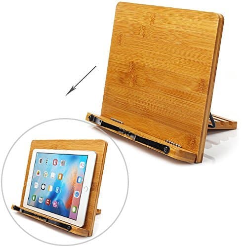 Cooking stand Book stands holders for reading EIOU BamBoo Foldable Tablet Bookrest with Adjustable Backing