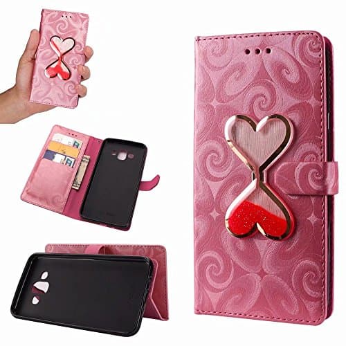 Galaxy J7 2018 Case, Galaxy J7 DUO Case,Wallet Flip Shiny PU Leather Case Inset Quicksand Linquid Love Heart Hourglass Design with Stand Card Slots Cover for Samsung Galaxy J7 2018