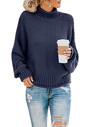 Pommaxe Womens Turtleneck Pullover Sweaters Casual Oversized Batwing Sleeve Chunky Ribbed Jumper Tunic Tops