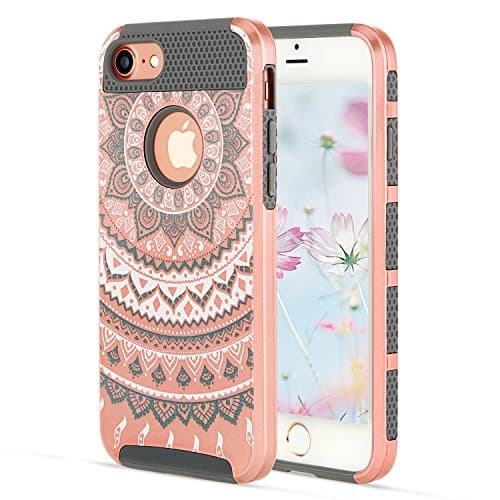 iPhone 7 Case iPhone 7S Case YCAun Slim Fit Hybrid Dual Layer Scratch Resistant Hard PC Shell Inner Shock-Absorption Soft TPU Bumper Armor Defender Protective Cover Mandala Floral[Rose Gold/Gray]
