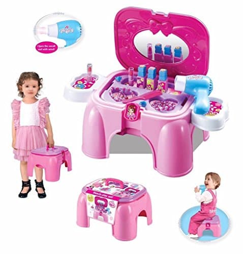 TanMan Little Princess' Make Up Kit Play Set Including Working Hair Dryer , Nail Paints, Comb , Lip Sticks, Ring , and a Stool for Storing & Sitting