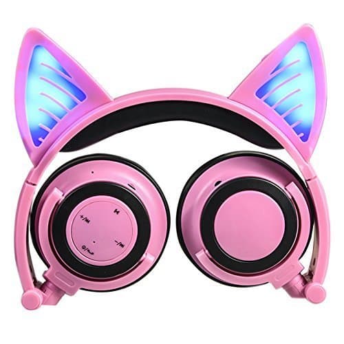 Headphones with Bluetooth &Microphone Wireless/Wired Over Ear Cat Ear Headphones Flashing Glowing Headphones Foldable with LED Flash light for iPhone 7/6S/iPad,Android,Mp3,Mp4 player,Gifts for kids.