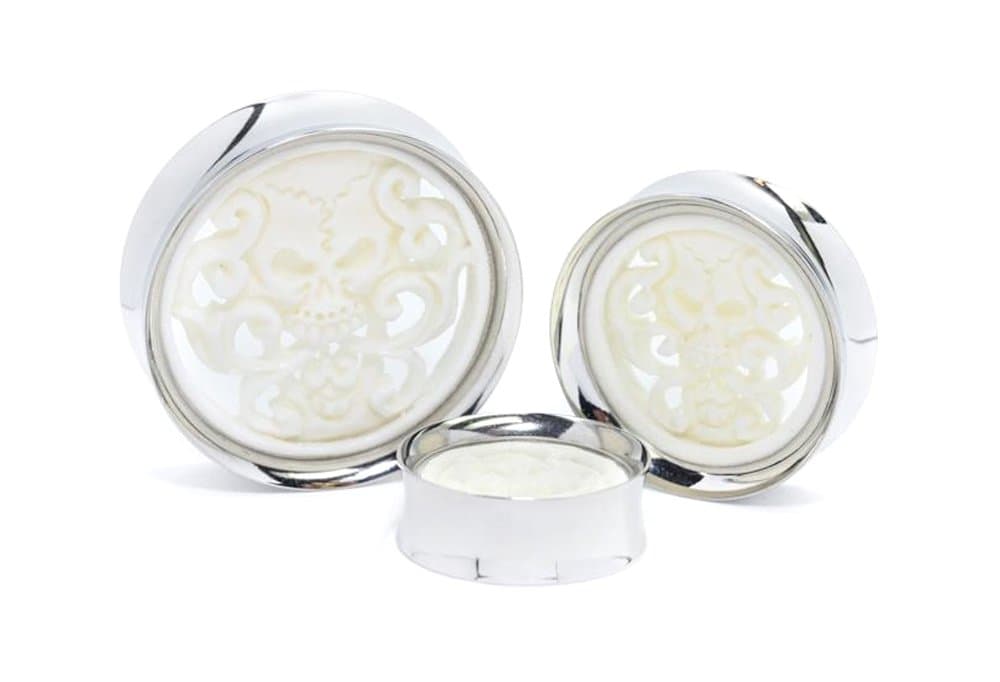 Stainless Steel Ear Plug – Doubled Flared Gauges with Skull Bone Inlay