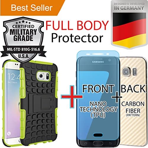 Samsung Galaxy S7 Edge [5.5] Pack [Heavy Duty] Case [Dual Layer] + [FULL BODY COVERAGE] (Front [TPU] + Back [Carbon Fiber]) Screen Protector [Kick Stand] Hybrid Cover [Anti Scratch] Lime Green