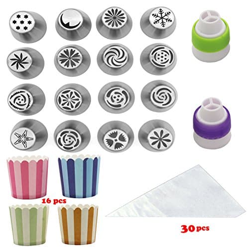 16 Sets Frosted Tips Russian Piping Tips Icing Nozzles, Cake Decorating Supplies, Coming with 16 Cupcake Cups and 30 Large Pastry Bags and Colors Couplers.