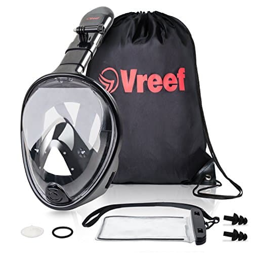 Vreef Full Face Snorkel Mask New Model with 180° Panoramic Viewing, Non-Toxic Silicone Materials, Easy-breath Longer Tube, Improved Anti -Fog &amp; Anti-Leak Technology + FREE BONUSES. By