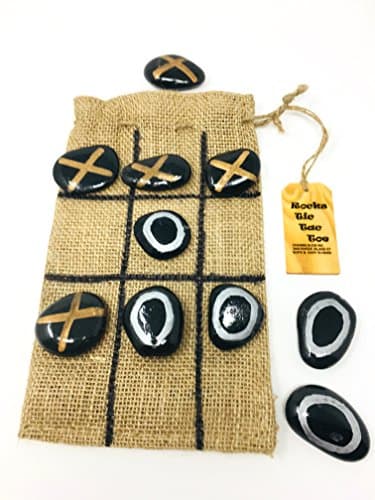 Tic Tac Toe rustic handmade rocks and burlap sack