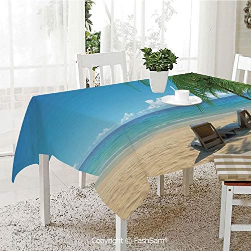 AmaUncle 3D Dinner Print Tablecloths Two Stylish Beach Chairs On Beach Relaxing Shadow from The Palm Trees Table Protectors for Family Dinners (W55 xL72)