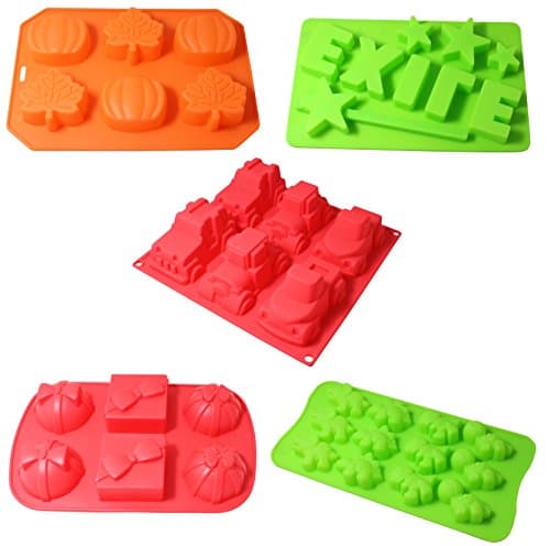 ProTect Candy Molds, Chocolate Molds, Ice Cube Molds, Silicone Baking Molds, PREMIUM Silicone Molds- Cars, Dinosaur, Leaves and Pumpkins (Set of 5)