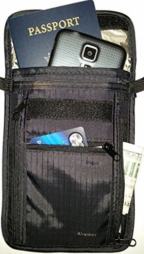 Mini travel bag with RFID blocking protection to secure your passport, cell phone, bank cards, etc.