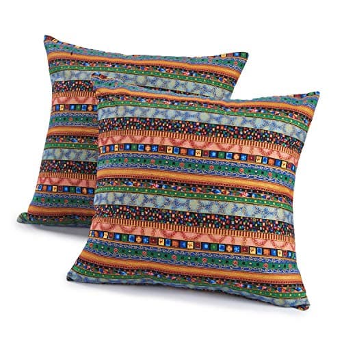 Ammybeddings Cotton Linen Pillow Cases Ethnic Style Stripe Pattern Square Easy Care Durable Cushion Covers Throw Pillow Case Set of 2 Pcs 45 x 45 cm (Blue)