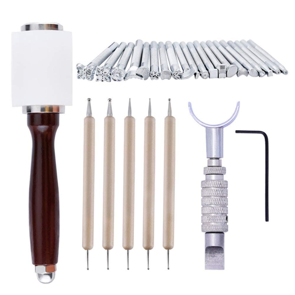 NAIZEA 27 pcs Leather Working Tools, Saddle Making Tools DIY Leather Craft Stamps Set Including Hammer Carving Knife Tracing Pen