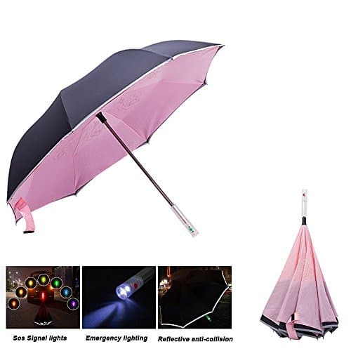 PERETEAE Double Layer Inverted Umbrella with LED Handle, Vehicle Reflective Stripes Cars Reverse Umbrella Folding Safety Rain Umbrella and UV Protection Windproof &amp; Waterproof (SOS Pink)