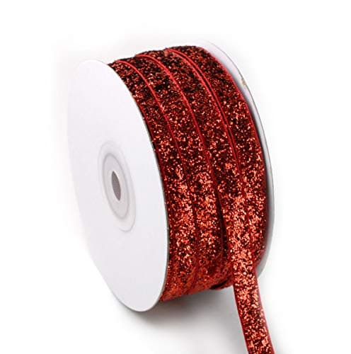3/8" (9mm) 20 Yards Roll Polyester Glitter Ribbon Sparkle Metallic Cheer Velvet Ribbon (Red)