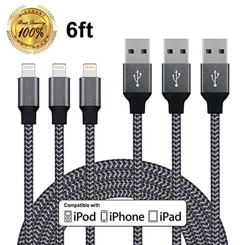 Winage Lightning Cable,3Pack 6FT Nylon Braided USB Cord Charging Cable Compatible with iPhone 7/7 Plus,6/6S/6 Plus/6S Plus,5/5S/5C/SE, iPad, iPod Nano 7,iPod Touch( Carbon black)