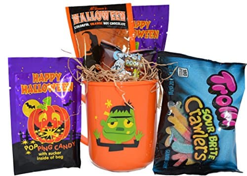 Halloween Candy and Cocoa Gift Basket for Kids- Includes Plastic Mug, Witchs Brew Hot Cocoa, Marshmallows, Sour Gummy Worms and Halloween Popping Candy (Orange Ghoul)