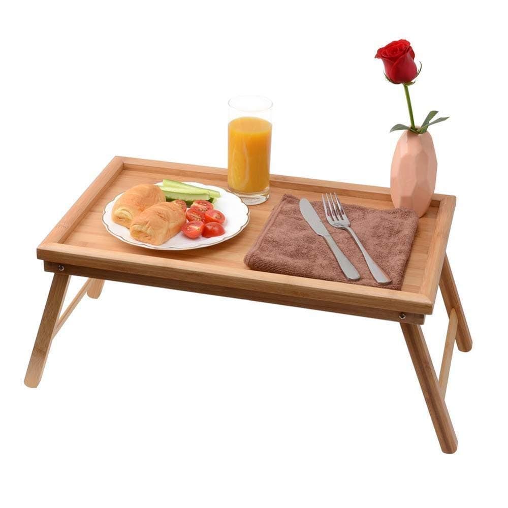 Three Secondz Bed Tray/Laptop Desk Lap Desk Foldable Portable Standing Outdoor Camping Table, Breakfast Reading Tray Holder for Bed, Terrace, Kitchen ~ Random Color/Design (Bamboo Tray Table)