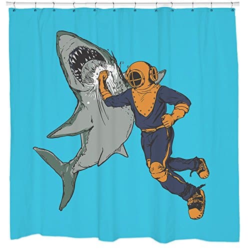 Sharp Shirter Cool Shark Shower Curtain Set Nautical Decor Bright Blue Fabric Retro Comic Style Ocean Theme Bathroom…