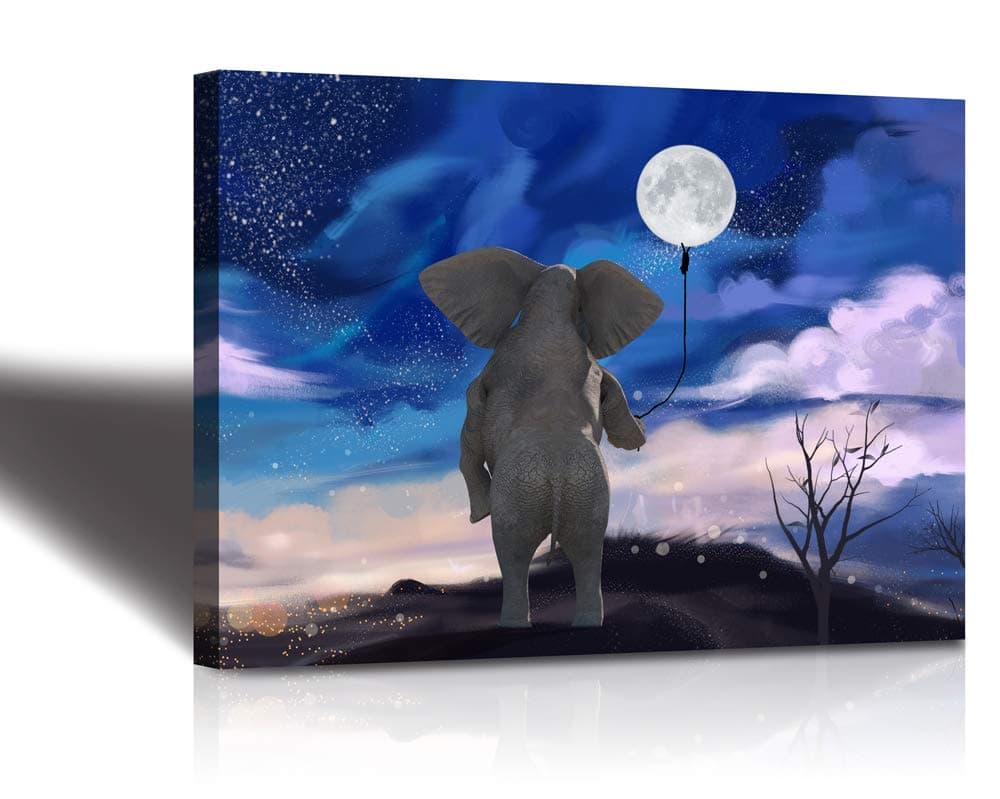Canvas Wall Art Animal Elephant Pull the moon and play with the stars Cute cartoon wall art For the bathroom wall decoration Hang directly in the children's room Canvas Stretched Artwork Ready to Ha