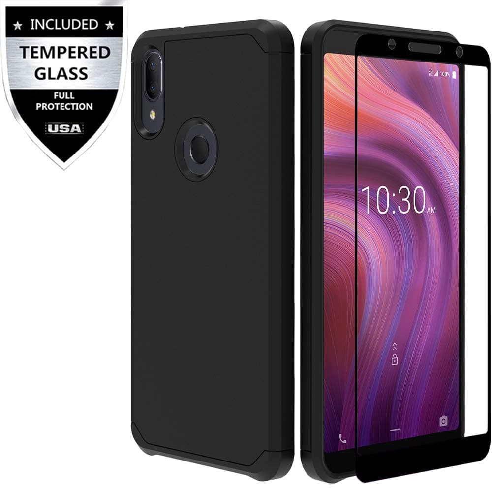 Alcatel 3V 2019 Case with Tempered Glass Screen Protector,IDEA LINE Heavy Duty Protection Hybrid Hard Shockproof Slim Fit Cover - Black