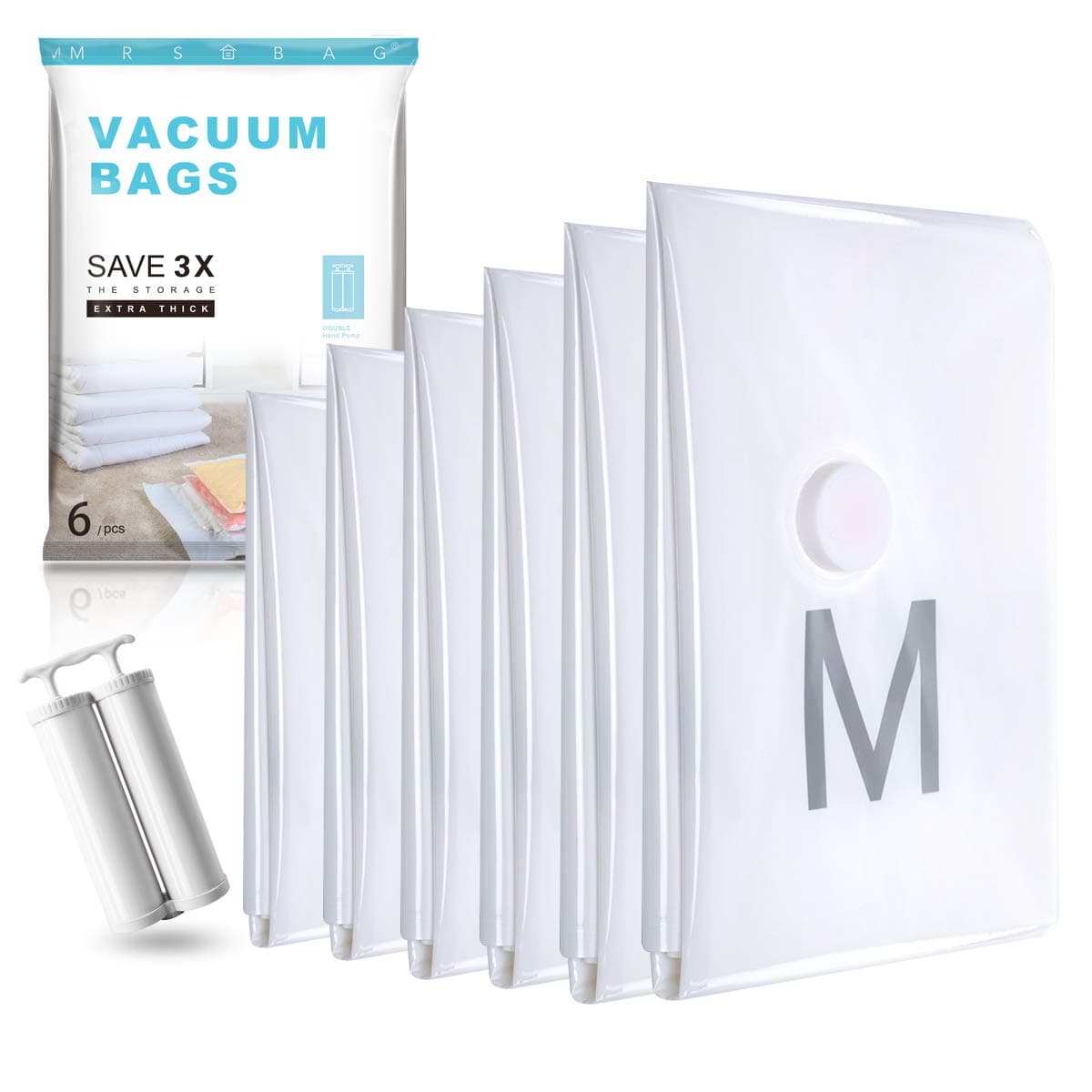 Extra Thick Vacuum Storage Bags 6 Pack (3*XLarge+3*Large) Reusable Space Saver Bags with Double Hand Pump for Clothing, Duvets, Bedding, Pillows, Curtains, Travelling (100 MICRON)
