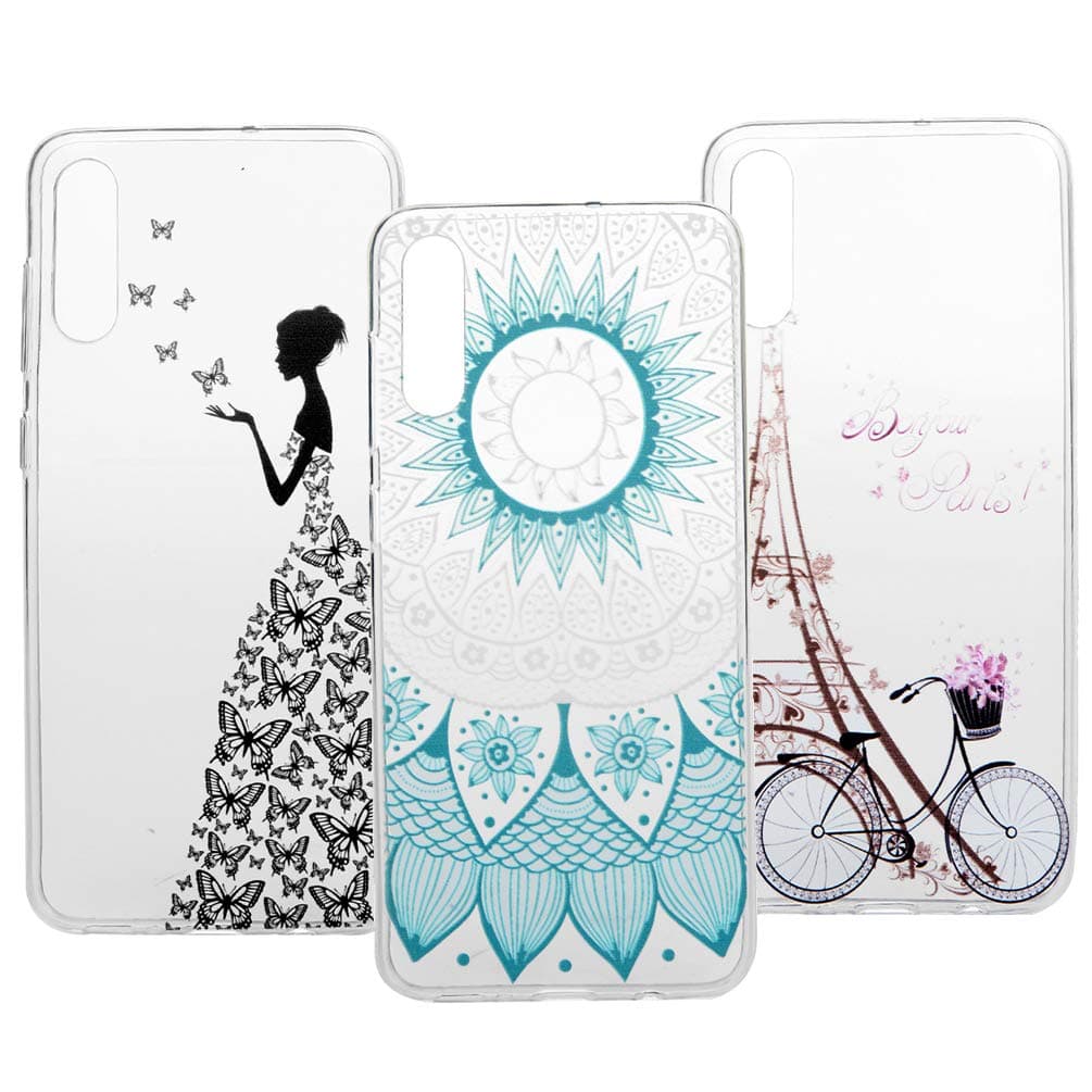 [3-Pack] Huawei Y9 2019 Case, Slim Shockproof Bumper Clear Floral Pattern Transparent Soft Flexible TPU Anti-Scratches Back Protective Phone Case Cover for Huawei Y9 2019 Butterfly Girl