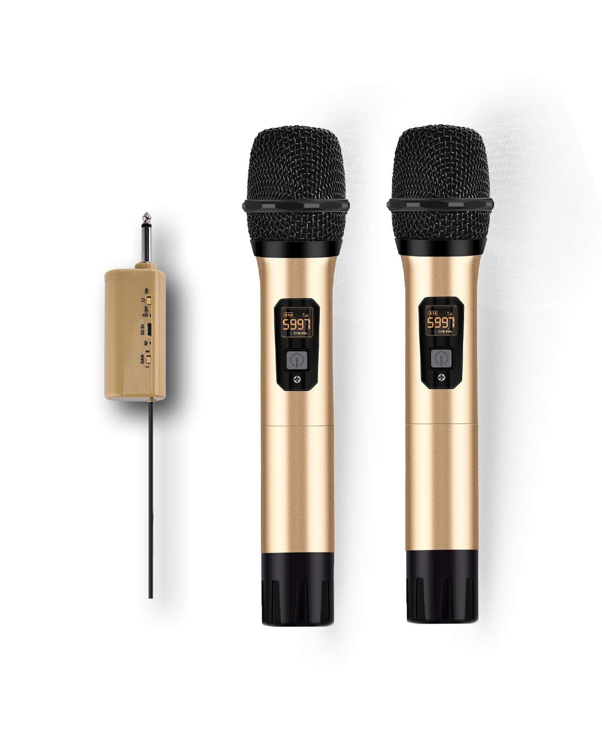 Wireless Microphone System, UHF Dual Handheld Dynamic Mic Set with Rechargeable Receiver, 1/4" Plug,100 ft, for Karaoke/Parties/Singing