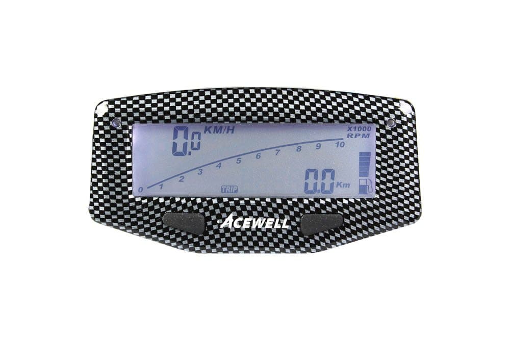 Acewell ACE-1600C Speedometer with RPM Meter Function for Motorbikes Temperature/Fuel Gauge/LED Gear Change Warning Display Carbon Look