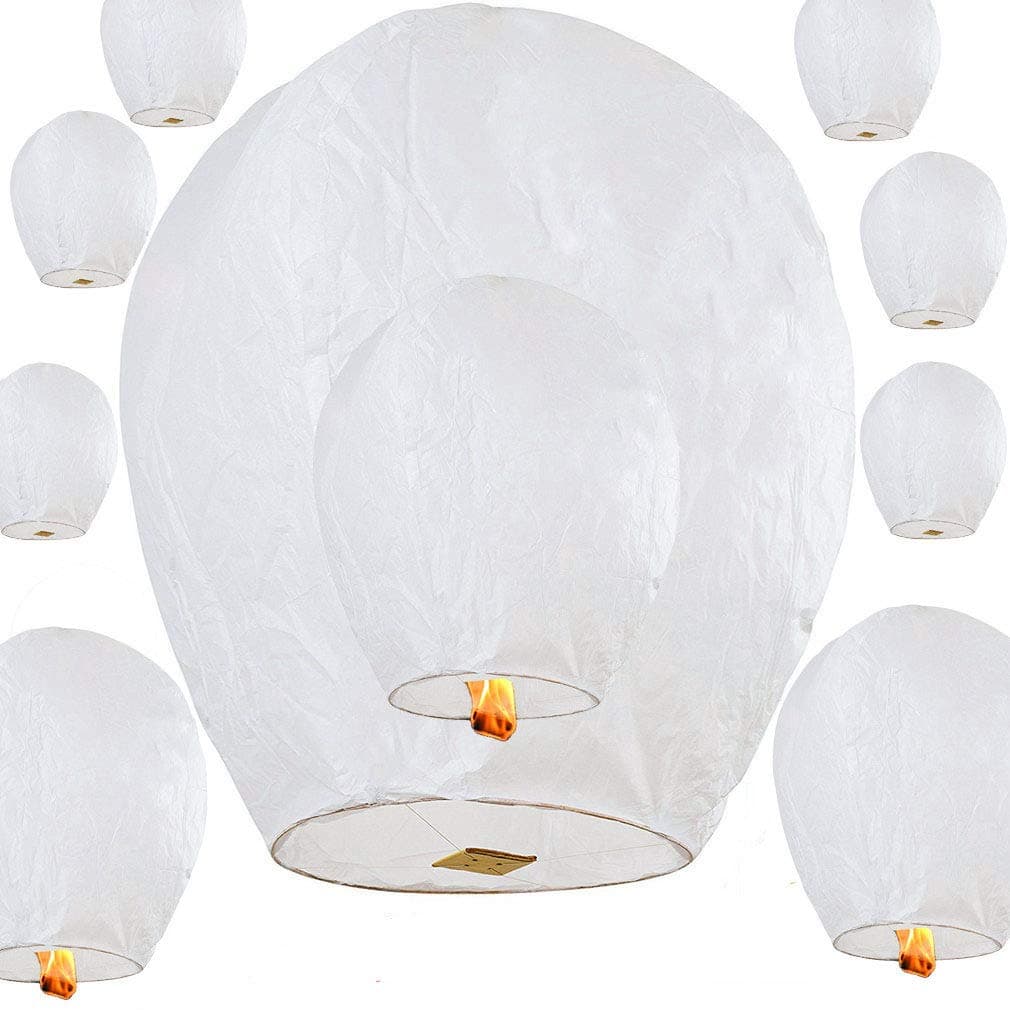 Nuluphu Sky Lanterns 10-Pack, Fully Assembled and100% Biodegradable (No Metal Wire),for Any Birthdays, Parties, New Years,Funeral, Memorial Ceremonies, and More (White)