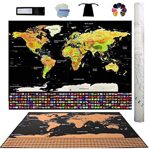Scratch Off World Map Poster + Card Magnifier - Detailed Map with US States and all Country Flags. Map is Included With Scratch Pick &amp; Clean up Cloth Large 32x24 Inches, Perfect Gift for Travelers