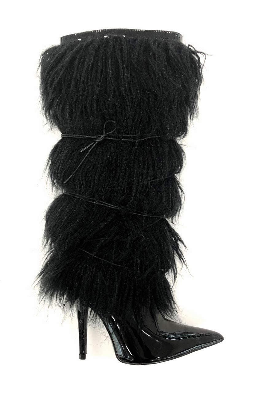 Cape Robbin Skin Deep Black Patent Pointed Toe Knee High Feather Fur Dress Boots