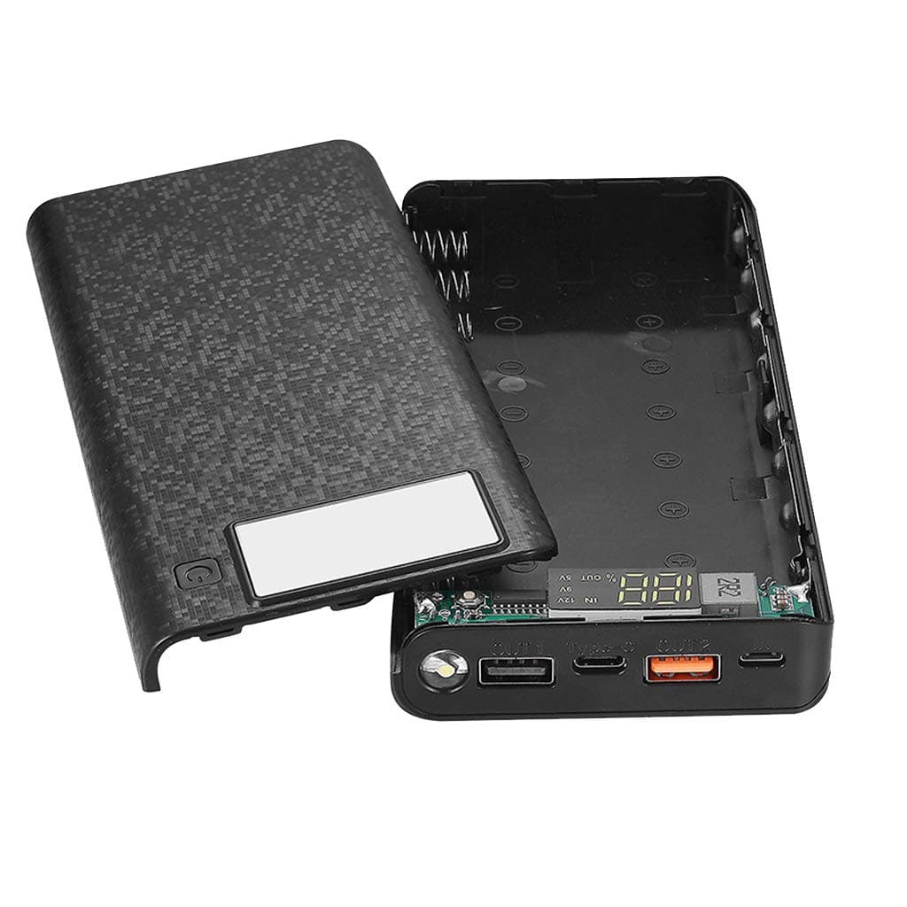 QC 3.0 Dual USB + Type C PD 8X 18650 Battery DIY Power Bank Box LED Light Fast Charger for iPhone Samsung Cell Phone Tablet (Black)