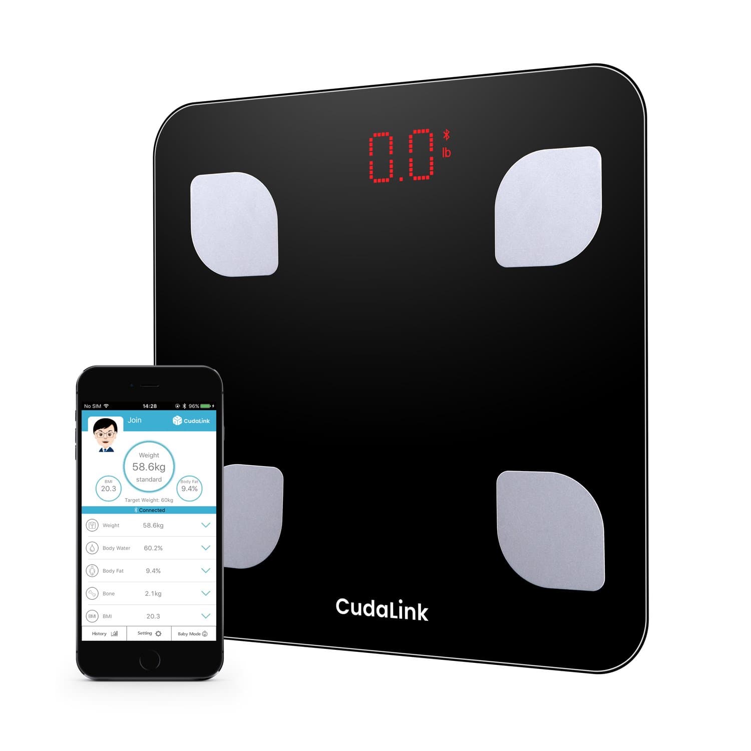 Precise Digital Body Analyzer Scale Weight, Body Fat, Body Mass, BM Body Water | 8 Measurement Parameters Bluetooth with iOS Android App | LED Digital Accurate Body Composition Scale by CudaLink