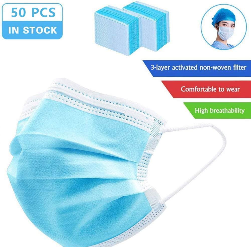 0Pcs Disposable 3-Layer Masks, Anti Dust Breathable Disposable Earloop Mouth Face Mask, Comfortable Medical Sanitary Surgical Mask Blue