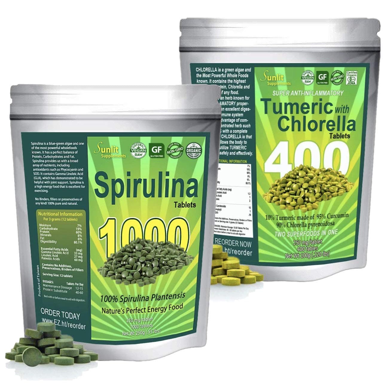 Organic Spirulina Tablets (1000 Tablets) Plus Chlorella with Turmeric Tablets (400 Tablets) Bundle. Maximum Protein and Chlorophyll, Green Superfood Supplement. Concentrated Curcumin Turmeric Root.