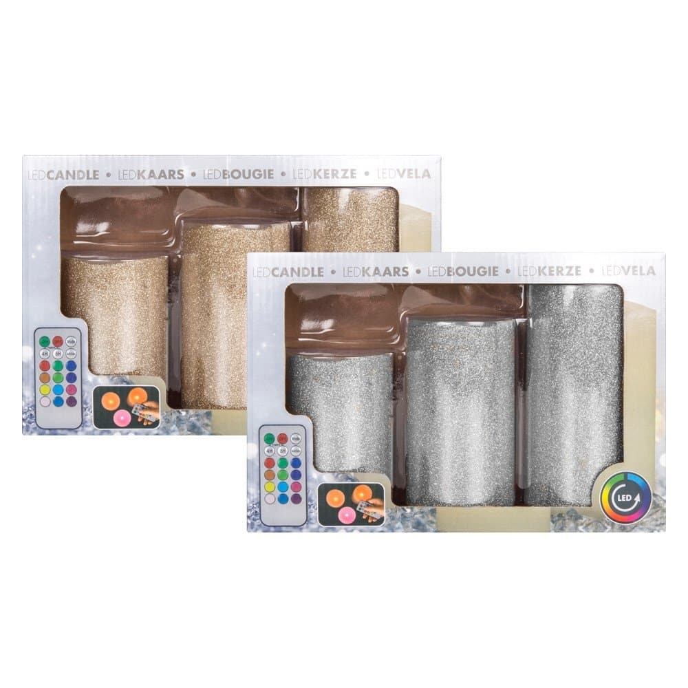 LED Glitter Pillar Colour Changing Candles - 3 Pack GOLD OR SILVER SENT RANDOM
