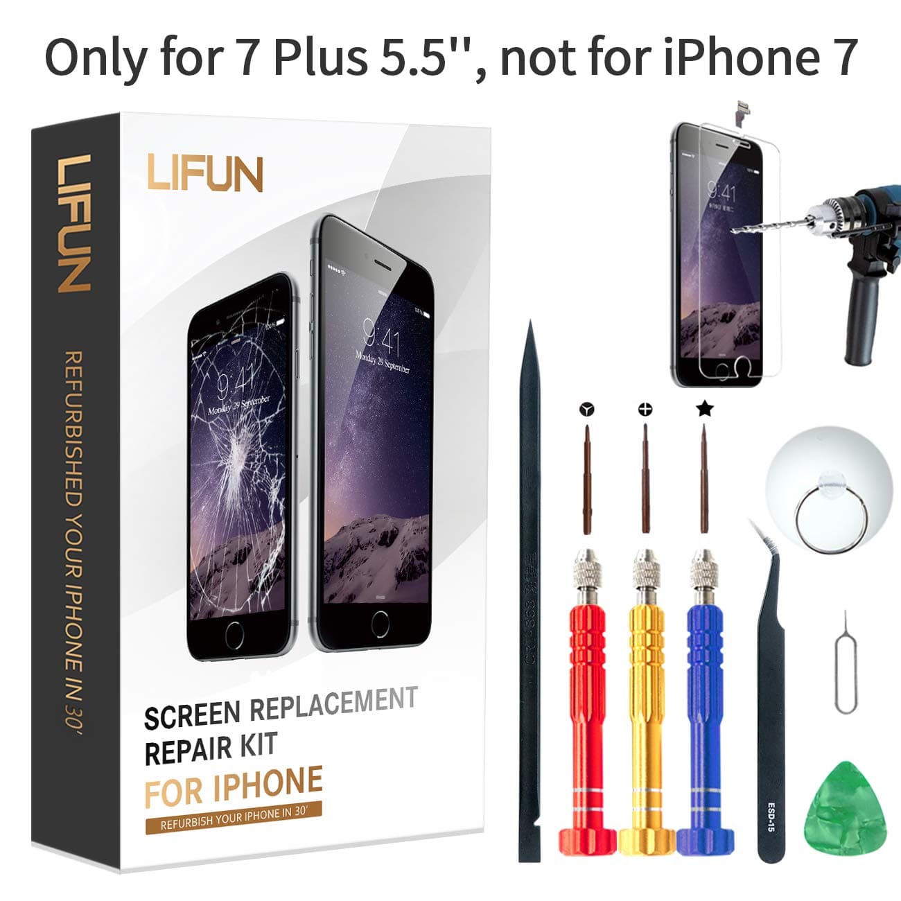 Screen Replacement Compatible with iPhone 7 Plus, in Black 5.5'' with Tools, Manual, Glass Protectors, LCD Repair Kit Display Full Front Touch Screen Digitizer Frame Assembly(Black)