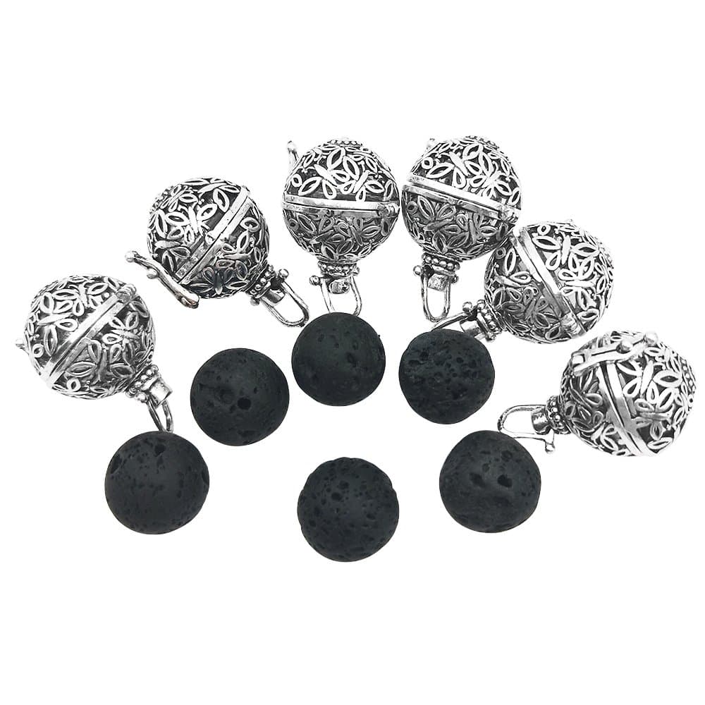 6Pcs Small Size Diffuser Locket Aromatherapy Essential Oils Pendant Cage Locket Bulk with 6 Black Lava Stone Rock Beads Balls Set for Necklace Bracelet Jewelry Making by Afantti, Bright Silver