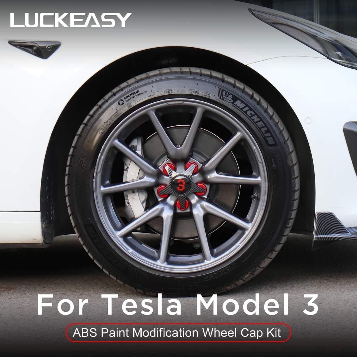 LUCKEASY Hub Cover Modification Kit for Tesla Model 3 Car ABS Paint Modification Wheel Cap Kit 4pcs/Set (M3-EX13RCFB3R)