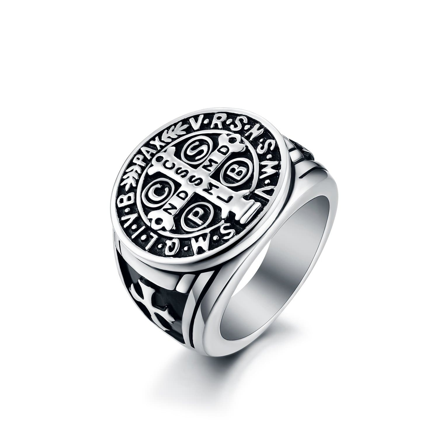 Men's St Benedict Ring Stainless Steel Solid Heavy Rings Catholic Roman Cross Protection Christmas