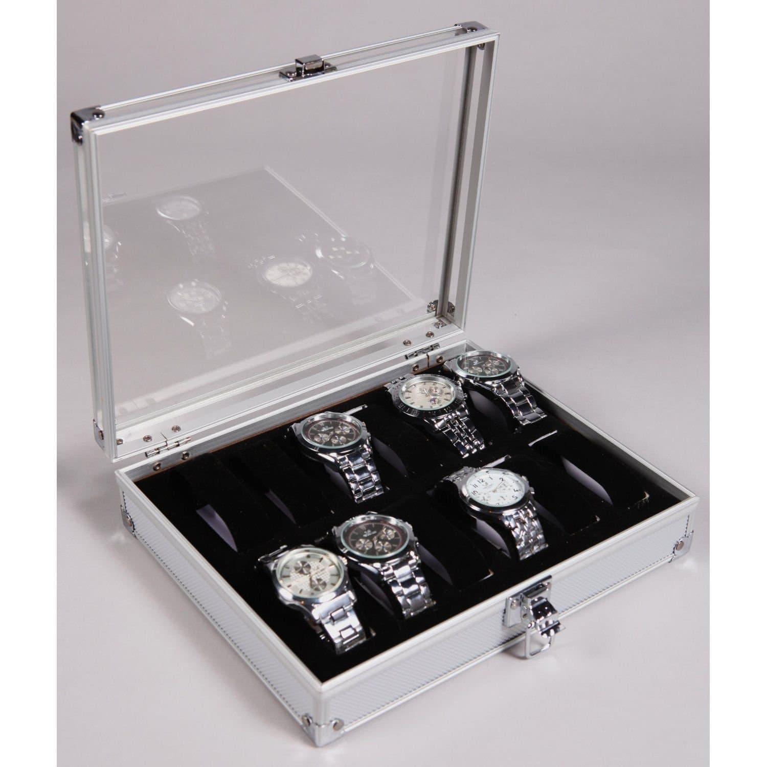 Coco Digital Silver Aluminium 12 Watch Display Case Box Perspex Lid Wristwatch Showcase