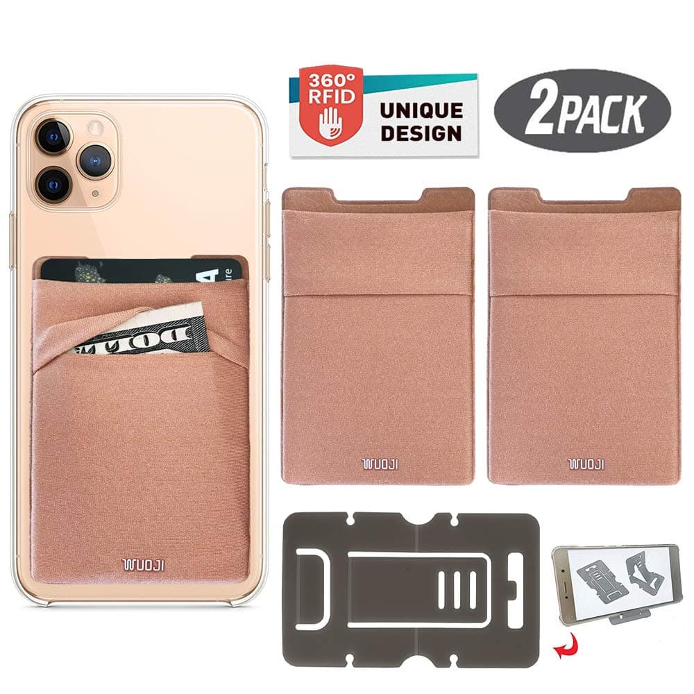 WUOJI RFID Blocking Phone Card Wallet - Double Secure Pocket - Ultra-Slim Self Adhesive Credit Card Holder Card Sleeves Phone Wallet Sticker All Smartphones(Gold)-2PC