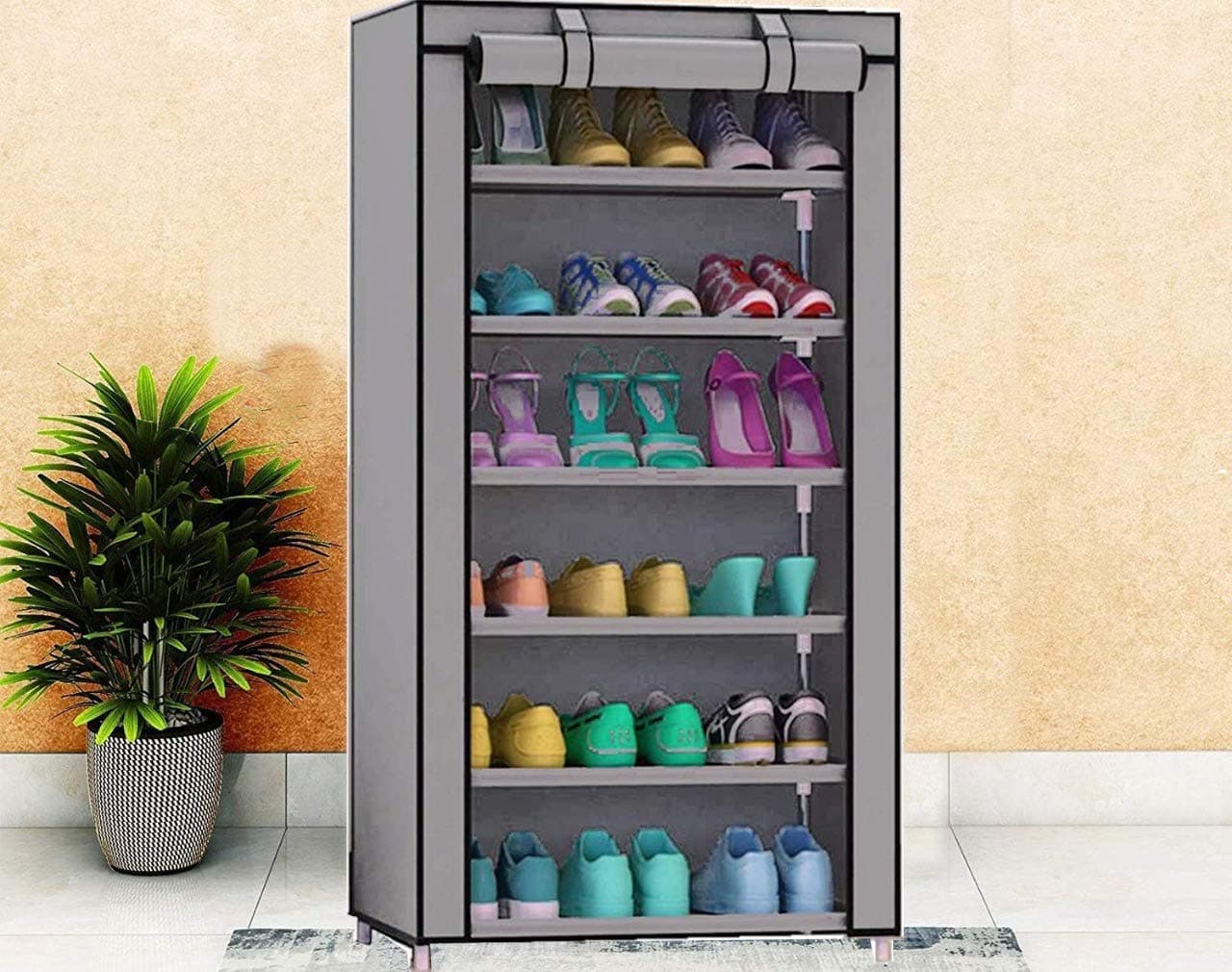 Ponix Multipurpose Portable Folding Shoes Rack 6 Tiers Multi-Purpose Shoe Storage Organizer Cabinet Tower with Iron and Non-woven Fabric with Zippered Dustproof Cover (Grey)