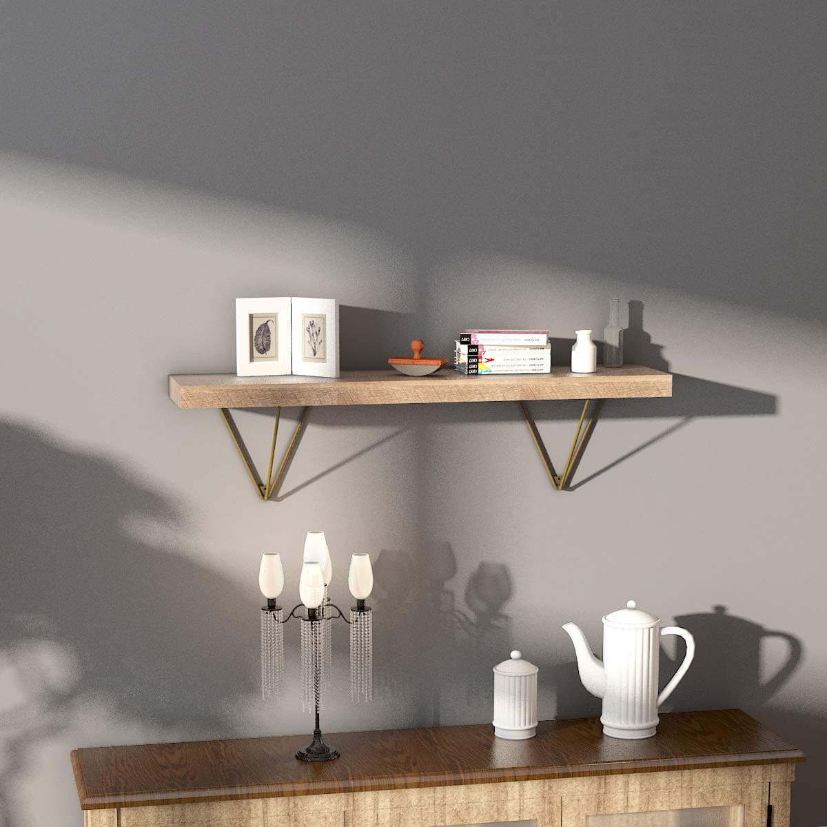 Tilly Lin Floating Shelf Wall Ledge with Gold Brackets for Picture Frames Home Decor Book Display, Rustic Reclaimed Wood Like, 31.5" W