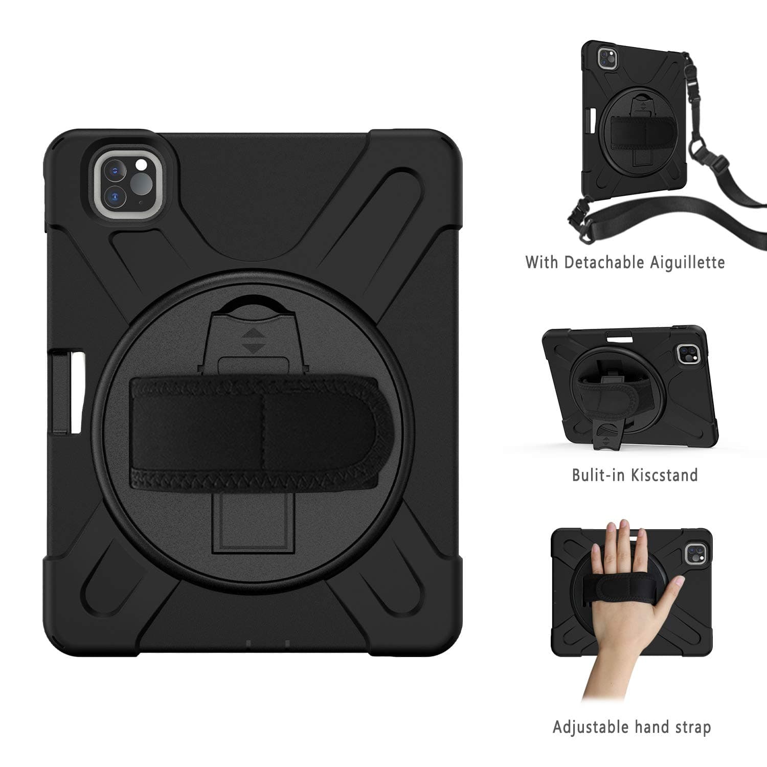 Macoku Case for iPad Pro 11 2020 Tablet, Heavy Duty Shockproof Protective Case with 360 Degree Rotating Hand Strap, Kickstand and Carrying Shoulder Strap, 3 Layer Hybrid Kids Case (Black)