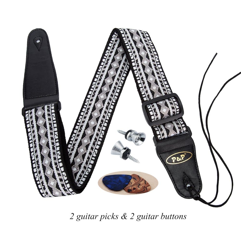 Guitar Strap，Phorcs Retro Guitar Strap Jacquard Weave Guitar Strap with Leather Ends - Soft Adjustable Guitar Strap for Electric Guitar Acoustic Bass, Includes 2 Picks - Best Gift for Guitarist